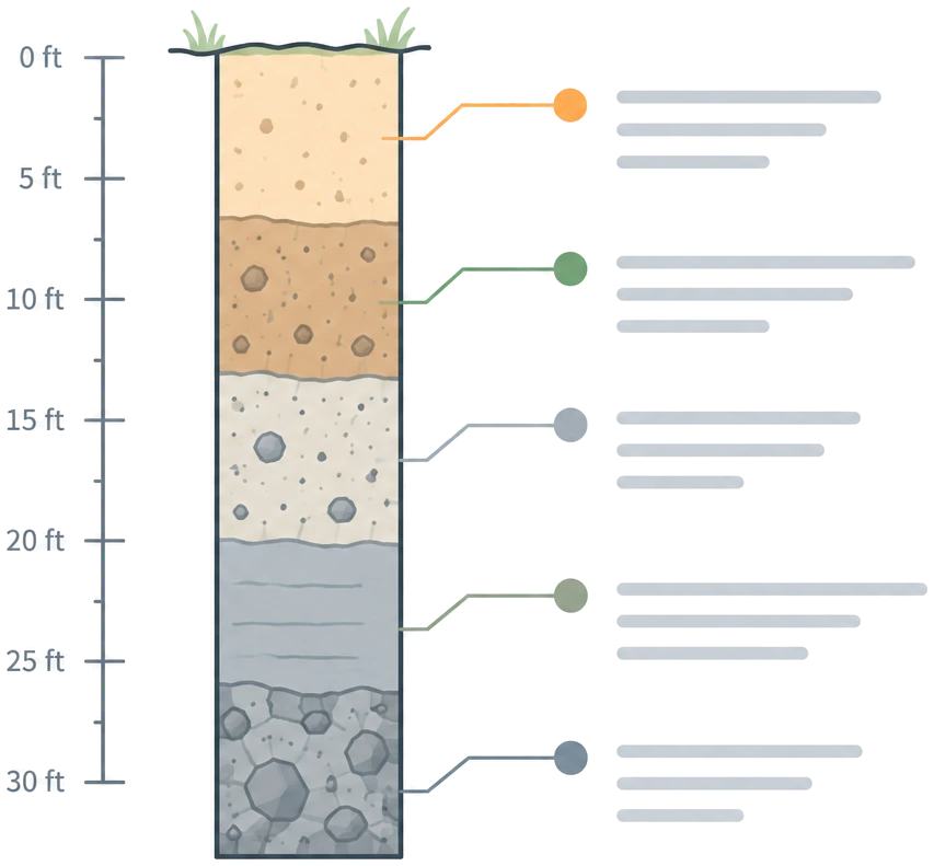 Soil boring log with depth scale from 0 to 30 ft and layered soil strata
