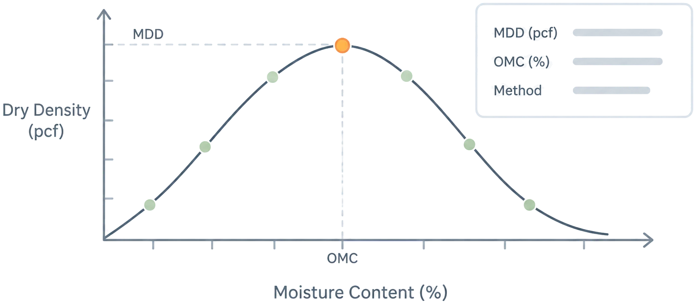Proctor compaction curve of dry density against moisture content, marking MDD and OMC